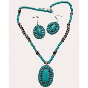 Turquoise Stone Necklace Earrings Set Western Boho Jewelry Fashion‎ Costume